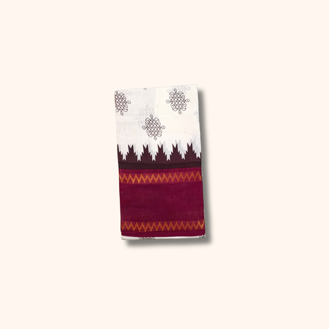 White Sungudi Cotton Saree with Maroon Zigzag Border – Running Blouse
