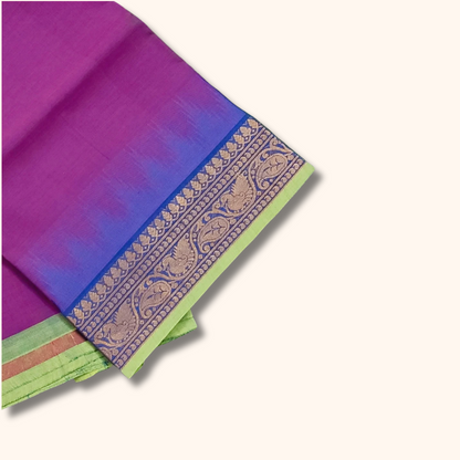 Magenta-Purple Cotton Saree with Contrast Blue Border