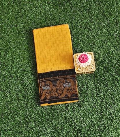 Mustard Yellow Sungudi Cotton Saree with Gold Zari Checks & Black Zari Border