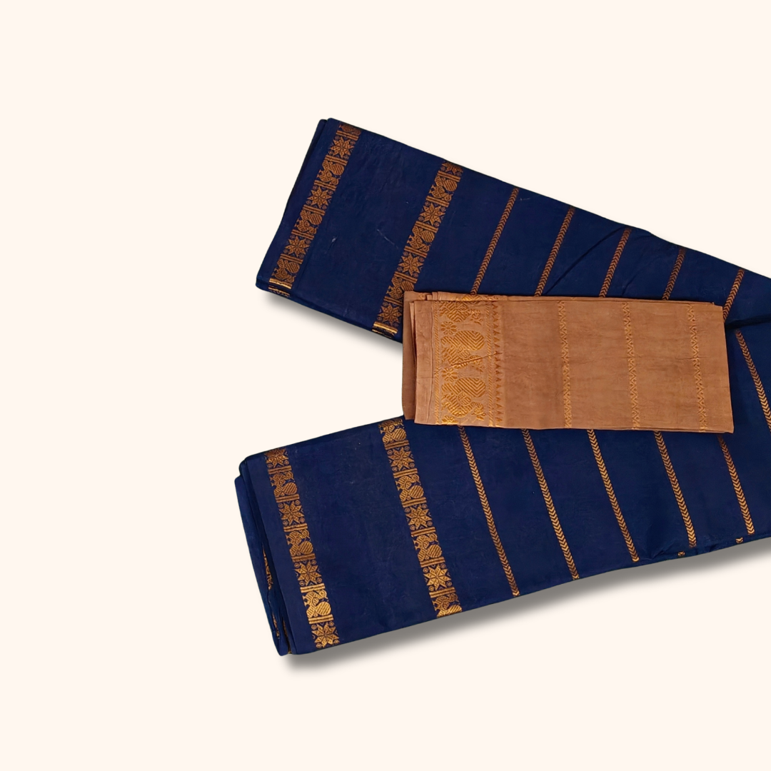 Navy Blue Pure Sungudi Cotton Saree with Gold Zari Stripes & Separate Blouse Piece