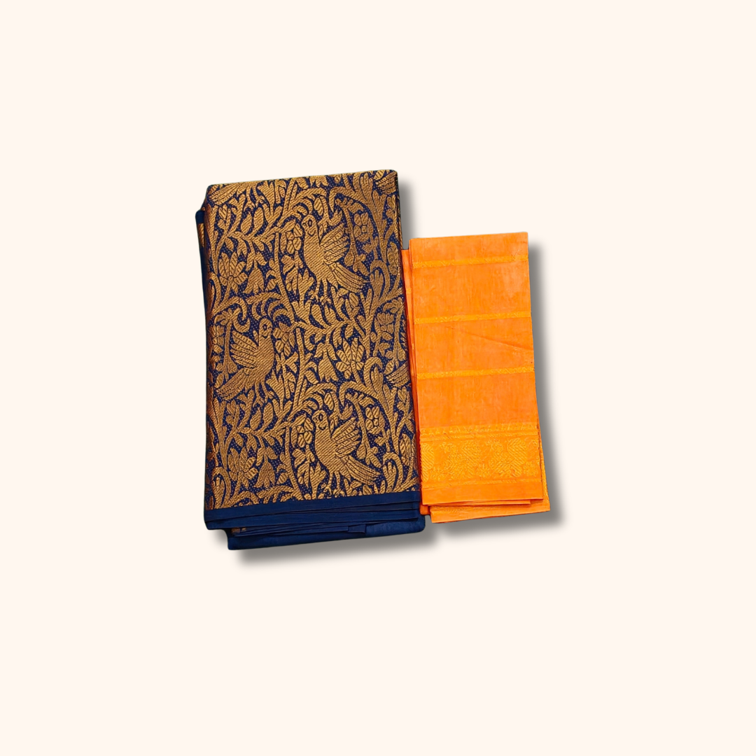 Navy Blue Vasigara Pattern Saree with Orange Blouse – Separate Blouse Piece