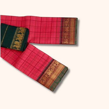Pink Checked Chettinad Cotton Saree with Peacock Zari Border & Separate Blouse Piece