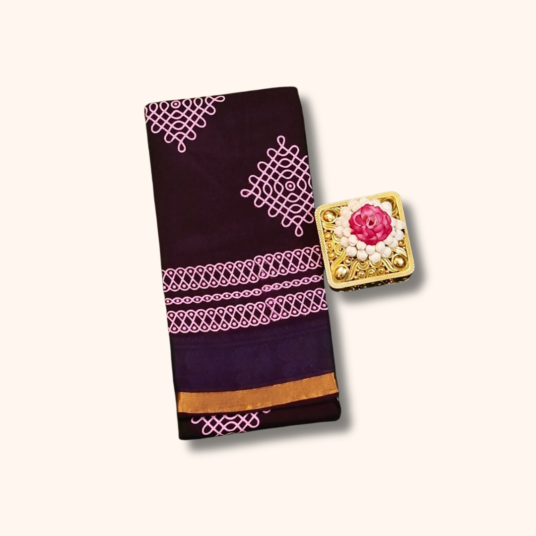 Deep Plum Sungudi Cotton Saree with Pink Kolam Motifs & Dual Tone Zari Border