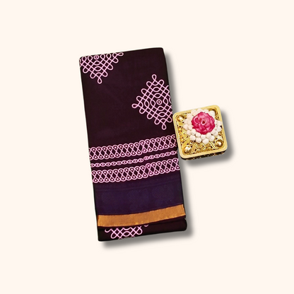 Deep Plum Sungudi Cotton Saree with Pink Kolam Motifs & Dual Tone Zari Border