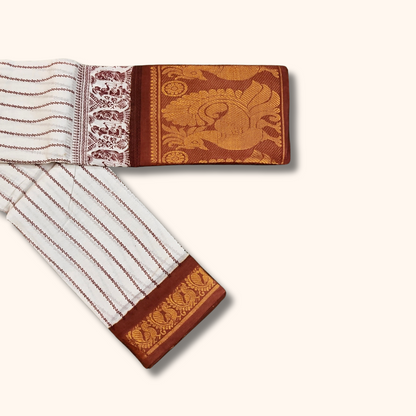 White Striped Sungudi Cotton Saree with Peacock Border
