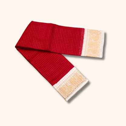 Red Sungudi Cotton Saree with Cream Gold Zari Border – Running Blouse