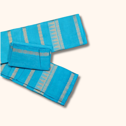 Turquoise Blue Cotton Saree with Gold Zari Stripes & Traditional Border – Separate Blouse