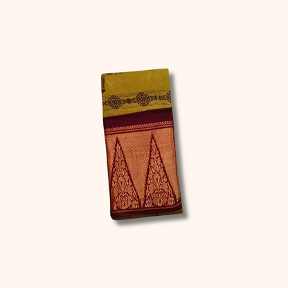 Mustard Yellow Sungudi Cotton Saree with Peacock Motifs & Maroon Gold Zari Border