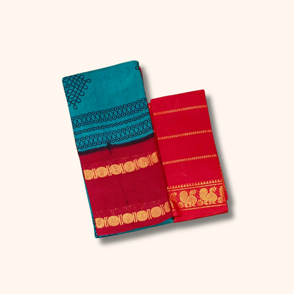 Peacock Blue Sungudi Kolam Saree with Contrast Red Blouse