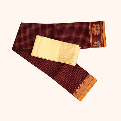 Maroon Thread Work Zari Chettinad Cotton Saree with Separate Blouse