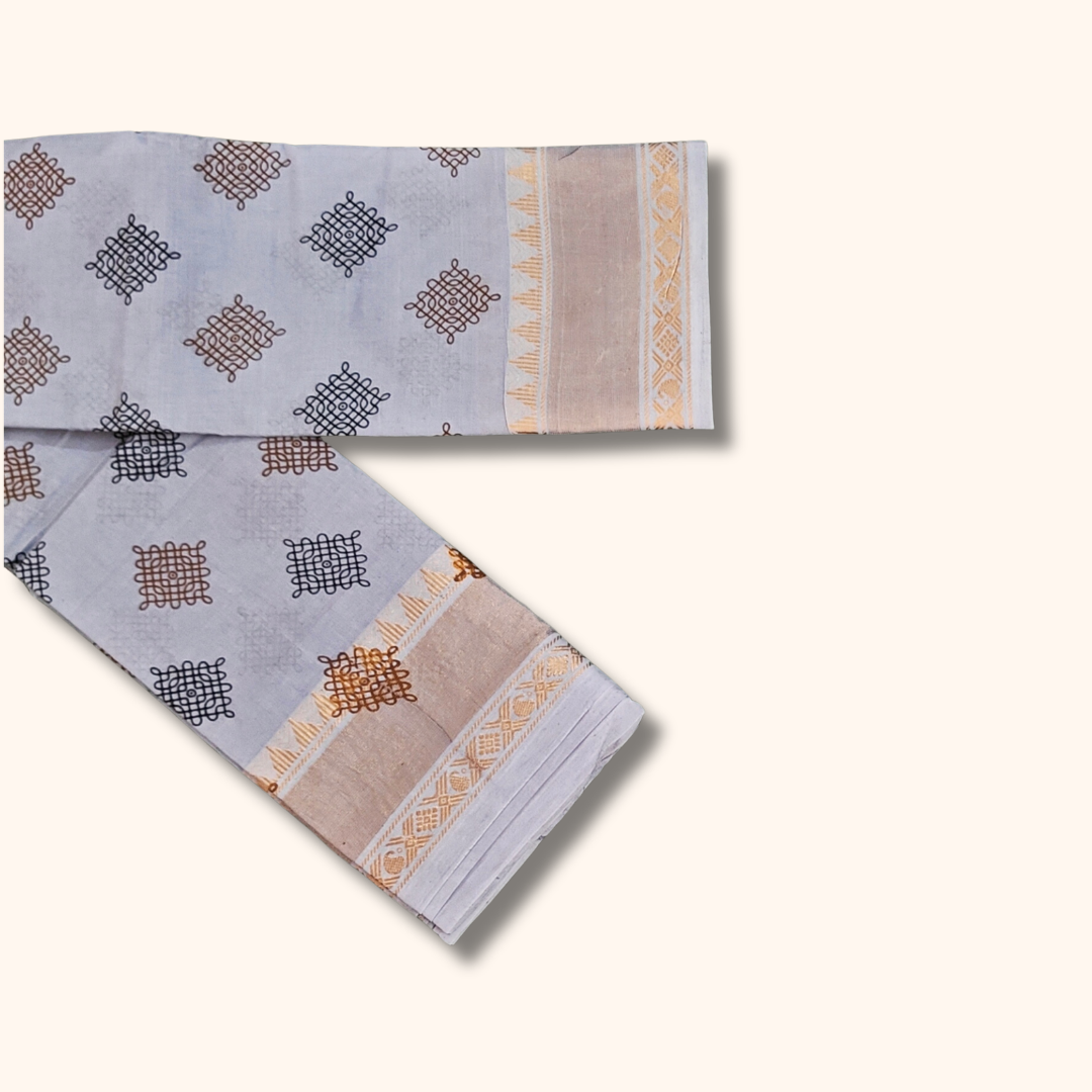 Light Blueish Grey Sungudi Cotton Saree with Kolam Print & Gold Zari Border