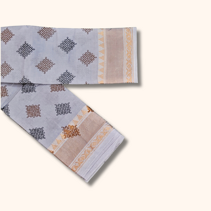 Light Blueish Grey Sungudi Cotton Saree with Kolam Print & Gold Zari Border