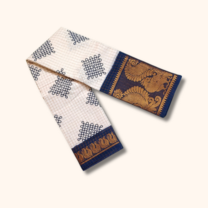 White Checked Kolam Design Sungudi Saree with Navy Blue Border – No Blouse