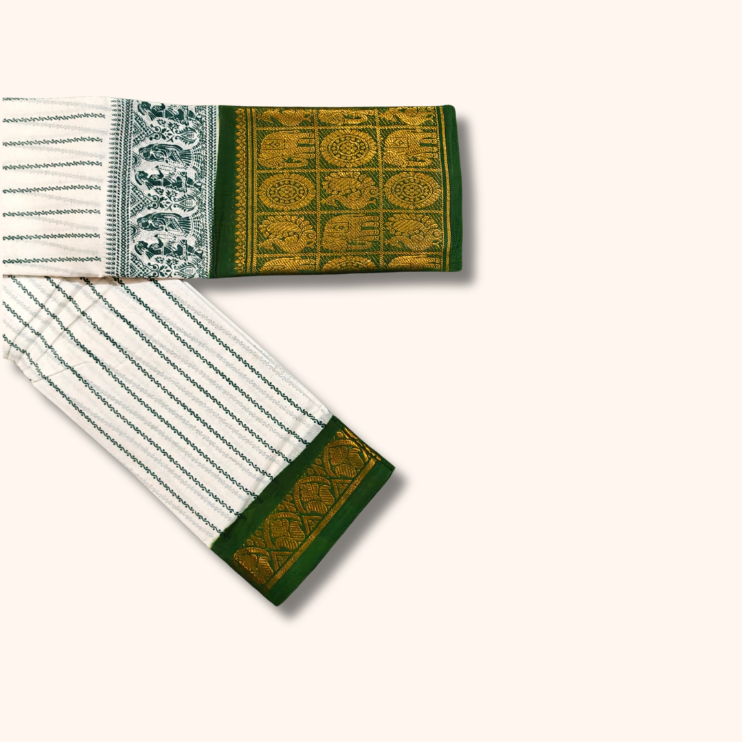 Beautiful White Sungudi Cotton Saree with Green Elephant Border