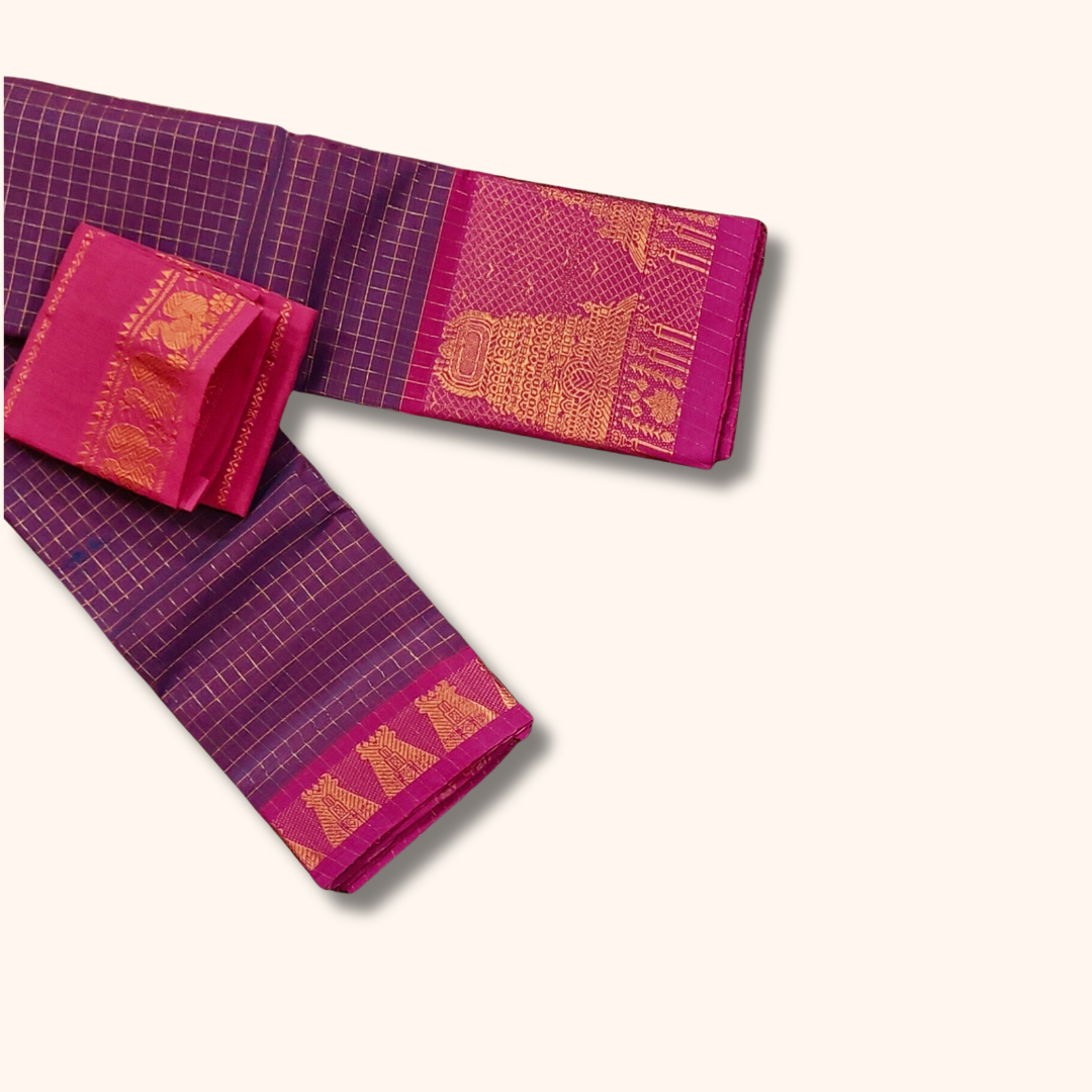 Purple Temple Border Cotton Saree with Pink Pallu Separate Blouse Piece
