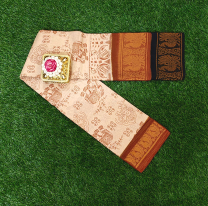 Beige Sungudi Cotton Saree with Traditional Print & Double Contrast Border