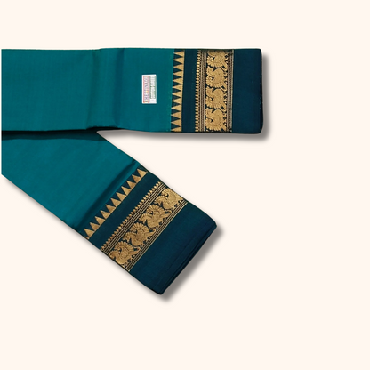 Teal Blue Pure Chettinad Cotton Saree with Navy Blue & Gold Peacock Border
