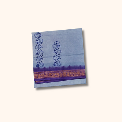 Light Blue Cotton Saree with Floral Motifs & Purple Zari Border – Without Blouse
