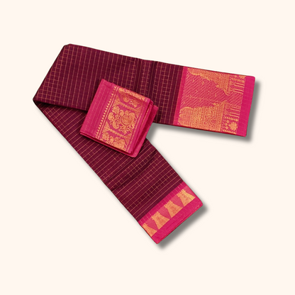 Maroon Temple Border Cotton Saree with Pink Pallu Separate Blouse Piece