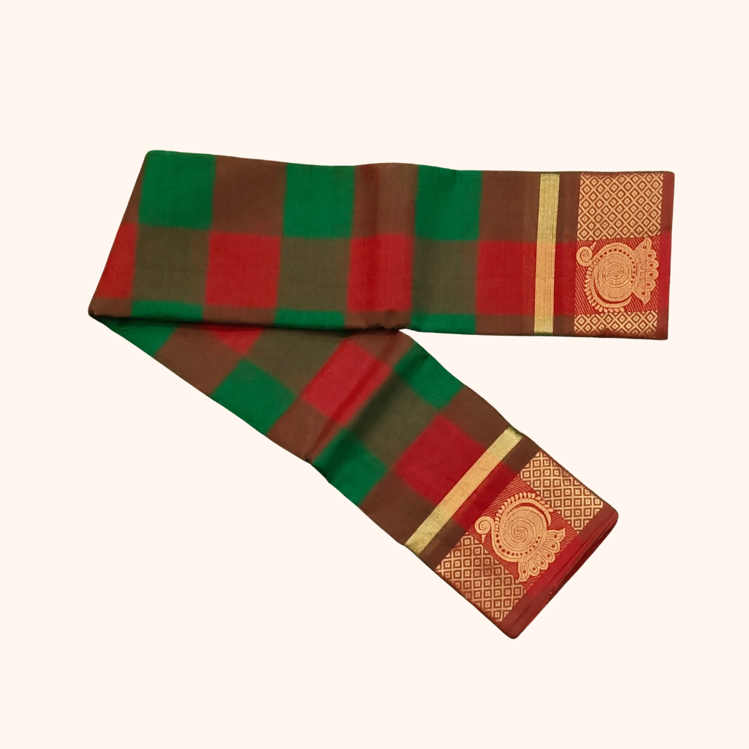 Multi-Colour Chettinad Cotton Kattam Saree with Traditional Zari Border