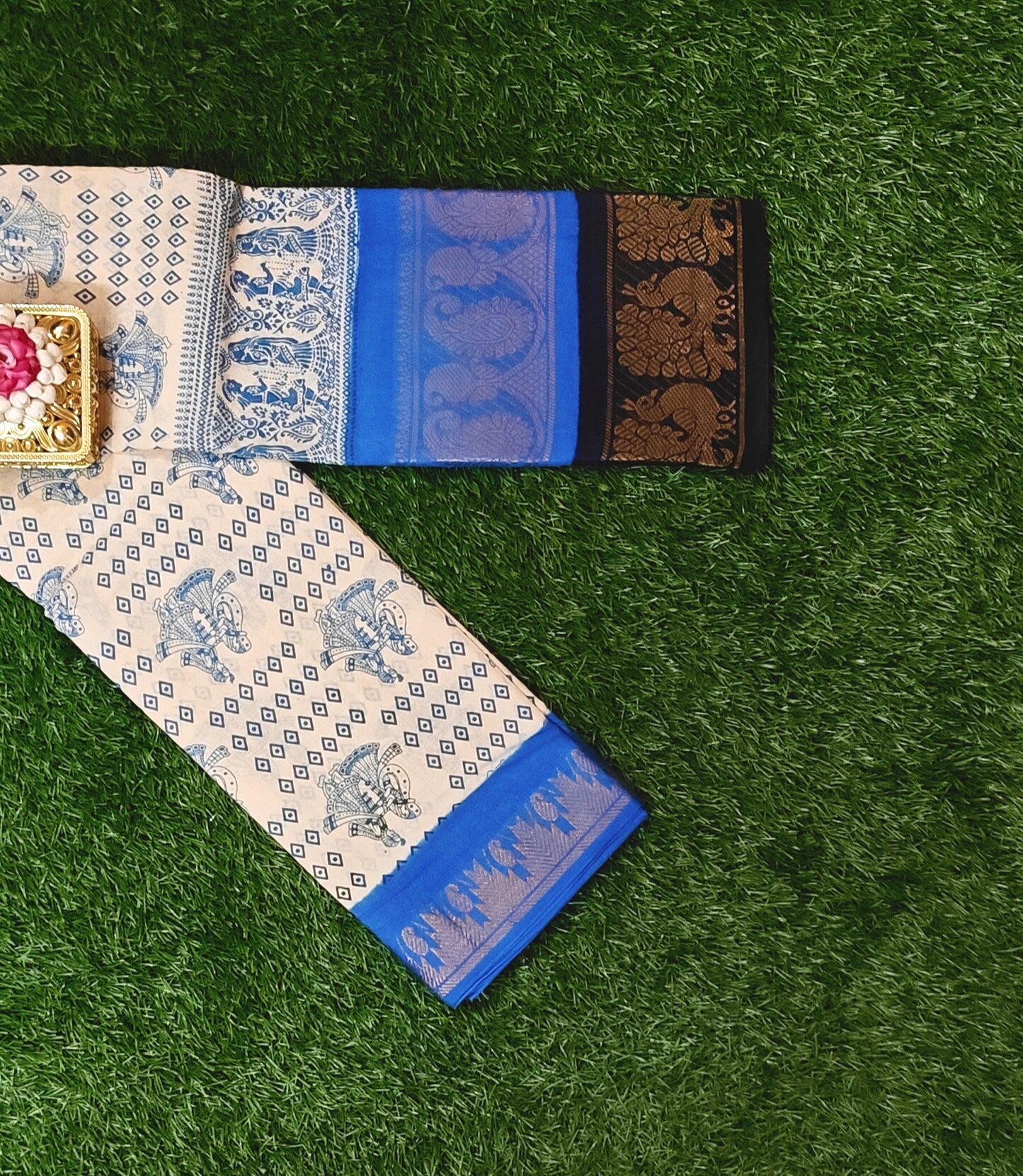 Attractive Cream and Royal Blue Cotton Saree with Traditional Elephant Print and Peacock Border