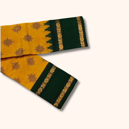 Mustard Yellow Sungudi Cotton Saree with Dark Green Traditional Border – Running Blouse