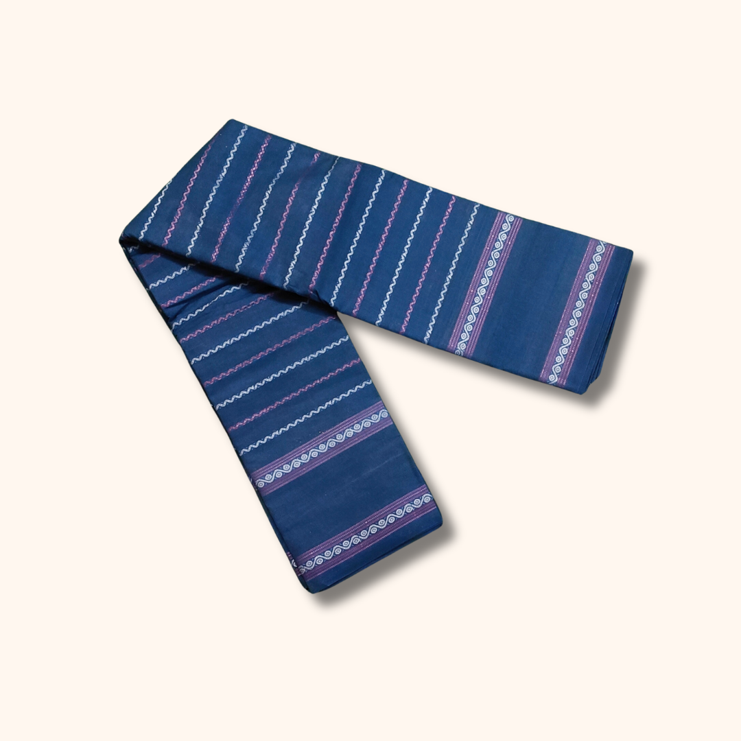 Blue Cotton Saree with Pink and White Stripe Design – Running Blouse