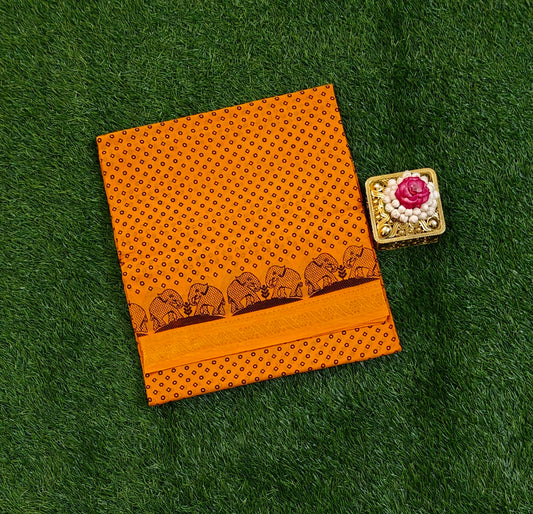 Orange Sungudi Cotton Saree with Elephant Border Design