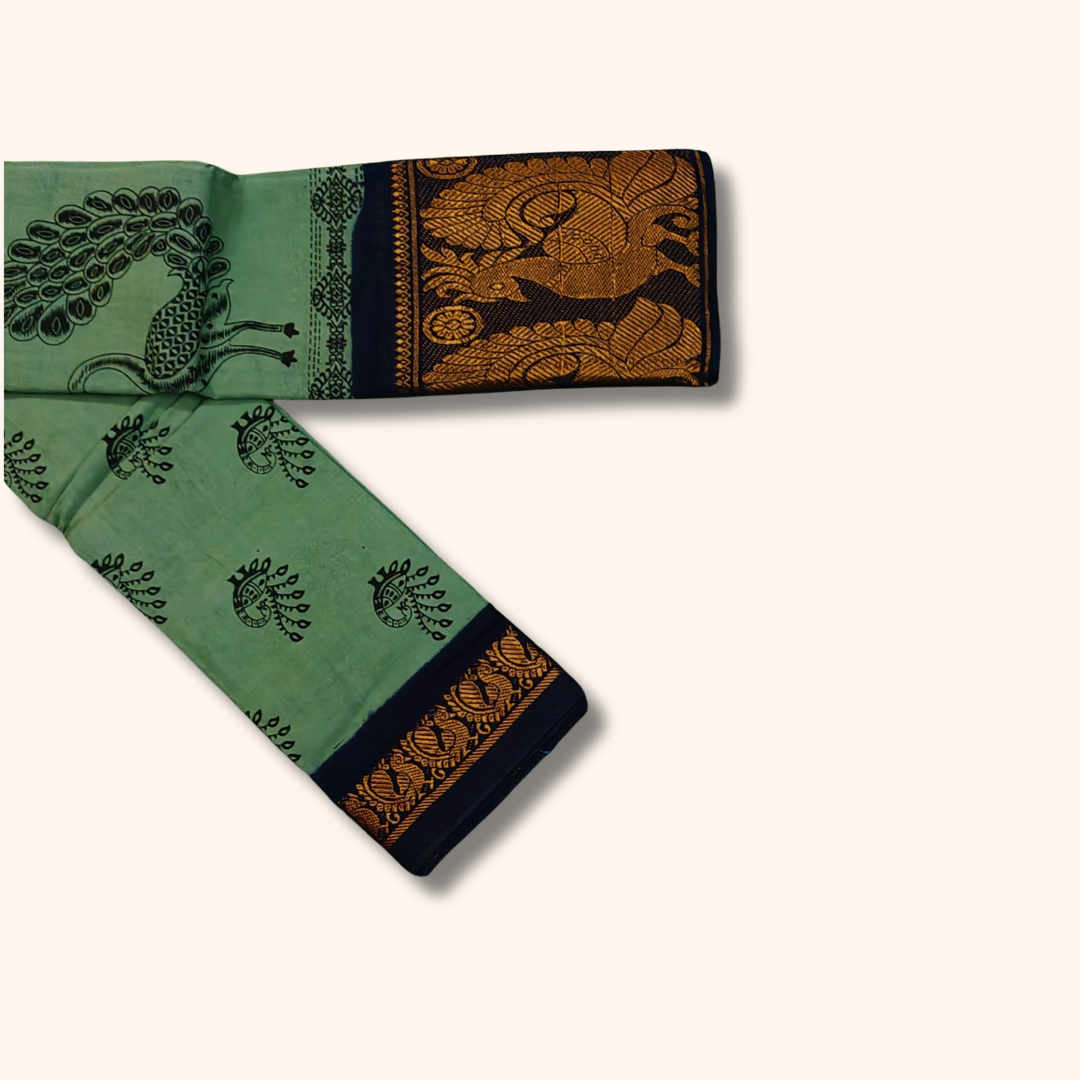 Sage Green Peacock Print Cotton Saree with Navy Blue Contrast Border