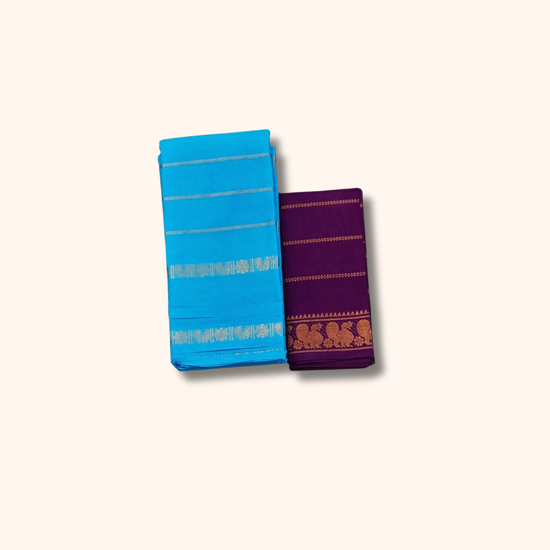 Sky Blue Cotton Saree with Gold Zari Stripes & Purple Blouse Piece