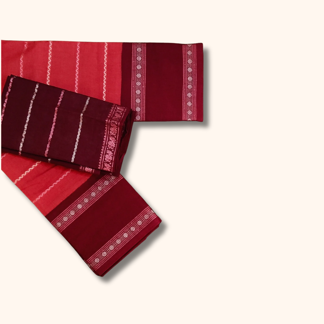 Coral Pink Sungudi Cotton Saree with Maroon Contrast Blouse