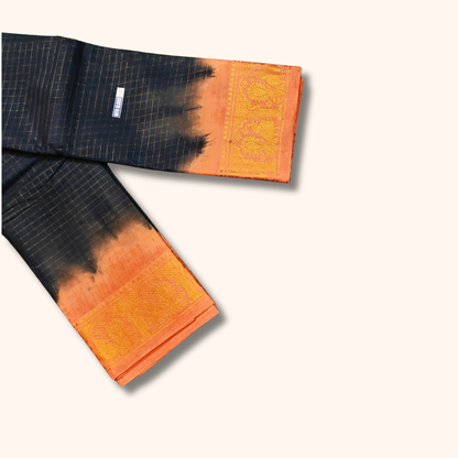 Black Thread Work Sungudi Cotton Saree with Peach Contrast Peacock Zari Border
