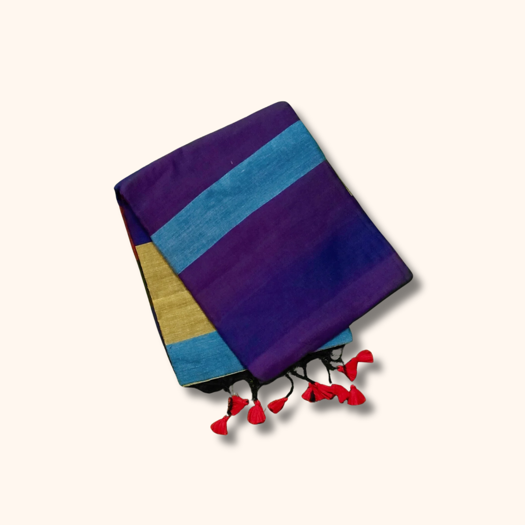 Mulmul Cotton Saree in Royal Purple with Sky Blue Border
