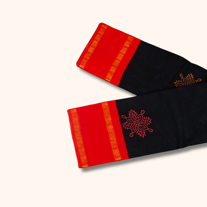 Black  Cotton Saree with Red Border and Traditional Motifs – Running Blouse