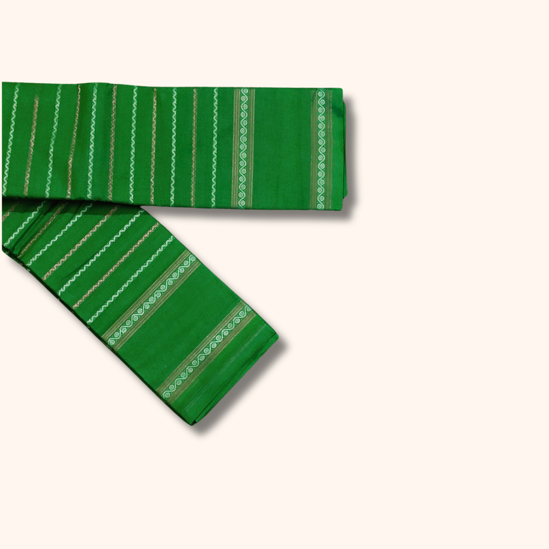 Green Cotton Saree with White Stripe Design – Running Blouse