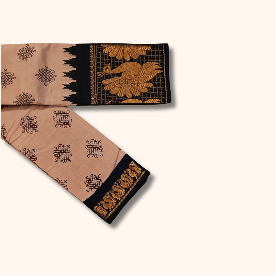 Rose Beige Sungudi Cotton Saree with Black Peacock Border