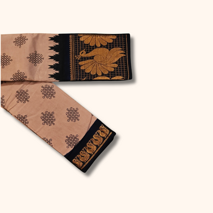Rose Beige Sungudi Cotton Saree with Black Peacock Border