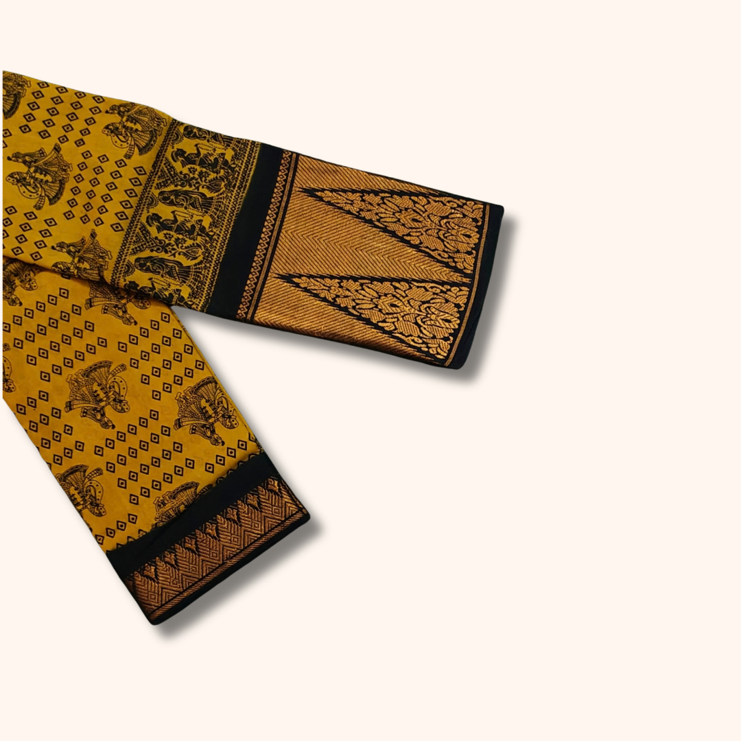 Mustard Yellow Pure Sungudi Cotton Saree with Traditional Motifs & Black Gold Border – No Blouse