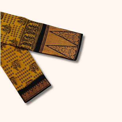 Mustard Yellow Pure Sungudi Cotton Saree with Traditional Motifs & Black Gold Border – No Blouse