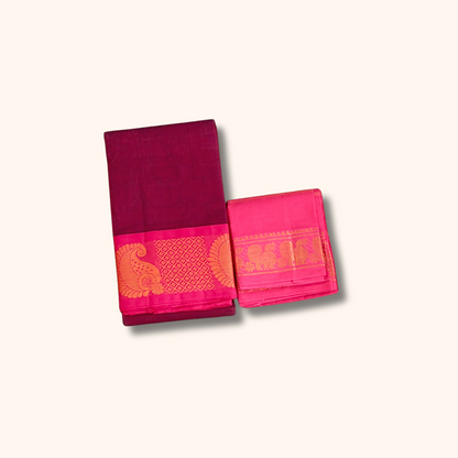Maroon Chettinad Cotton Saree with Peacock Zari Border & Separate Blouse Piece