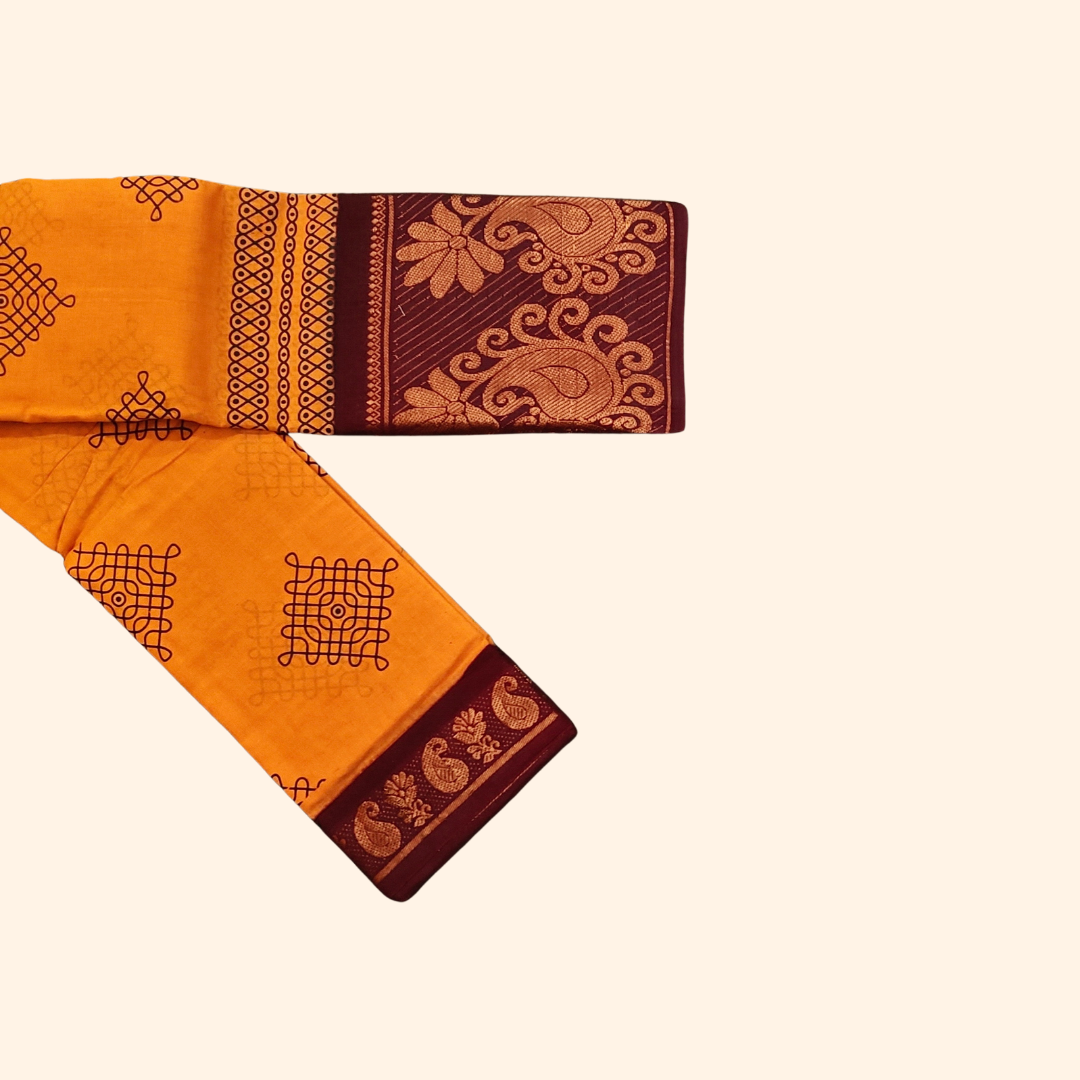 Mustard Yellow Kolam Cotton Saree with Maroon Border