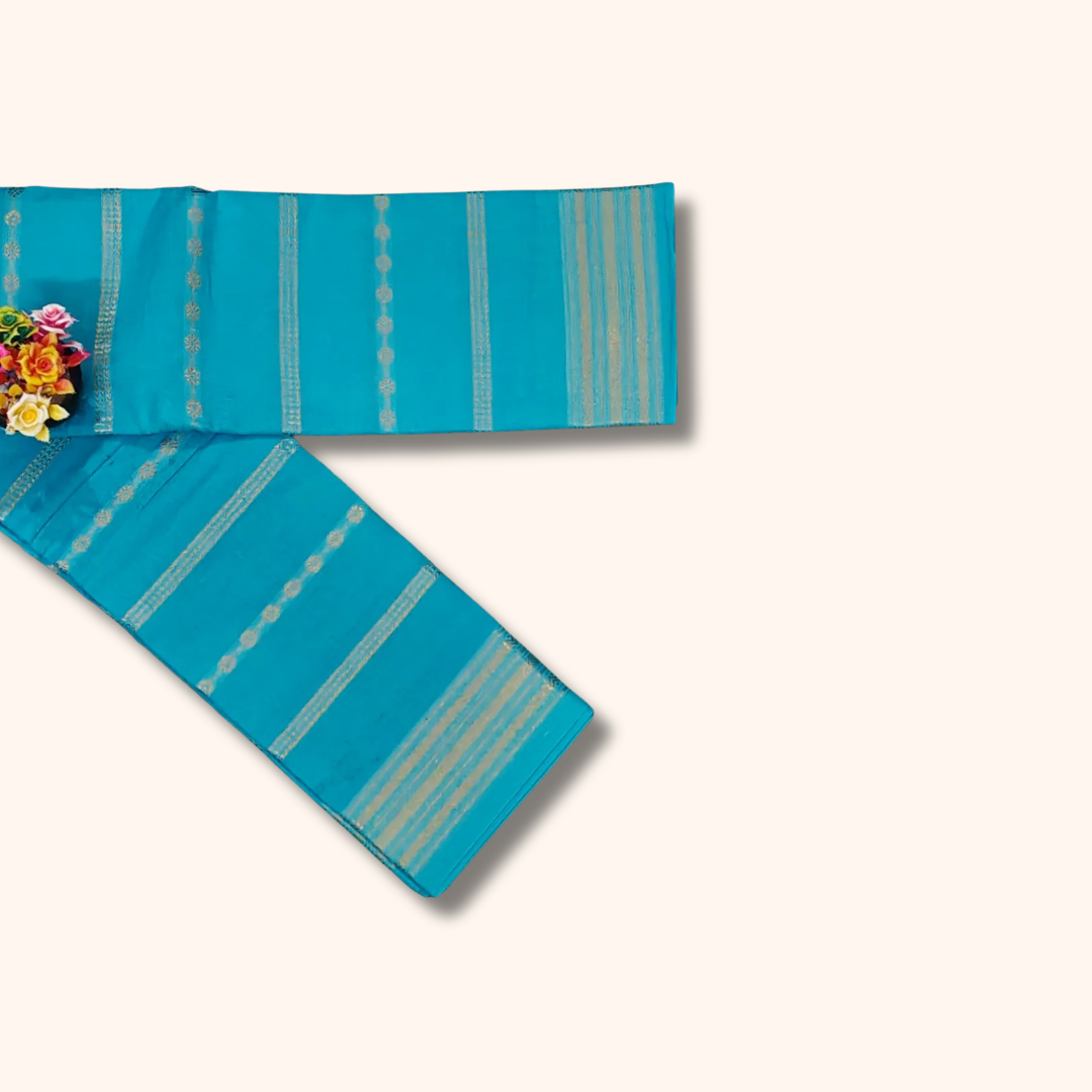 Authentic Turquoise Blue Cotton Saree with Gold Zari Border