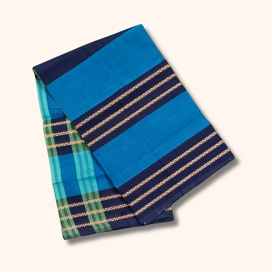 Sky Blue & Navy Blue Chettinad Cotton Saree with Checked Pallu