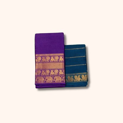Purple Pure Cotton Saree with Teal Blue Contrast Blouse