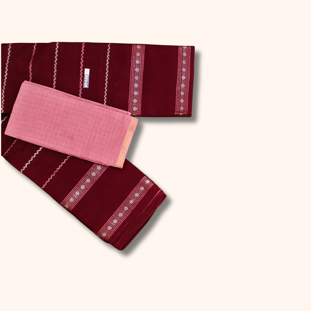 Maroon Sungudi Cotton Saree with Pink Contrast Blouse