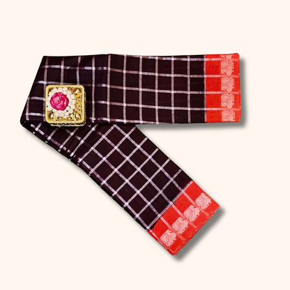 Dark Chocolate Brown Pavithra Kattam Cotton Saree with Silver Checks & Red Contrast Border