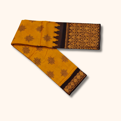 Mustard Yellow Sungudi Cotton Saree with Black and Gold Zari Traditional Border – No Blouse Included