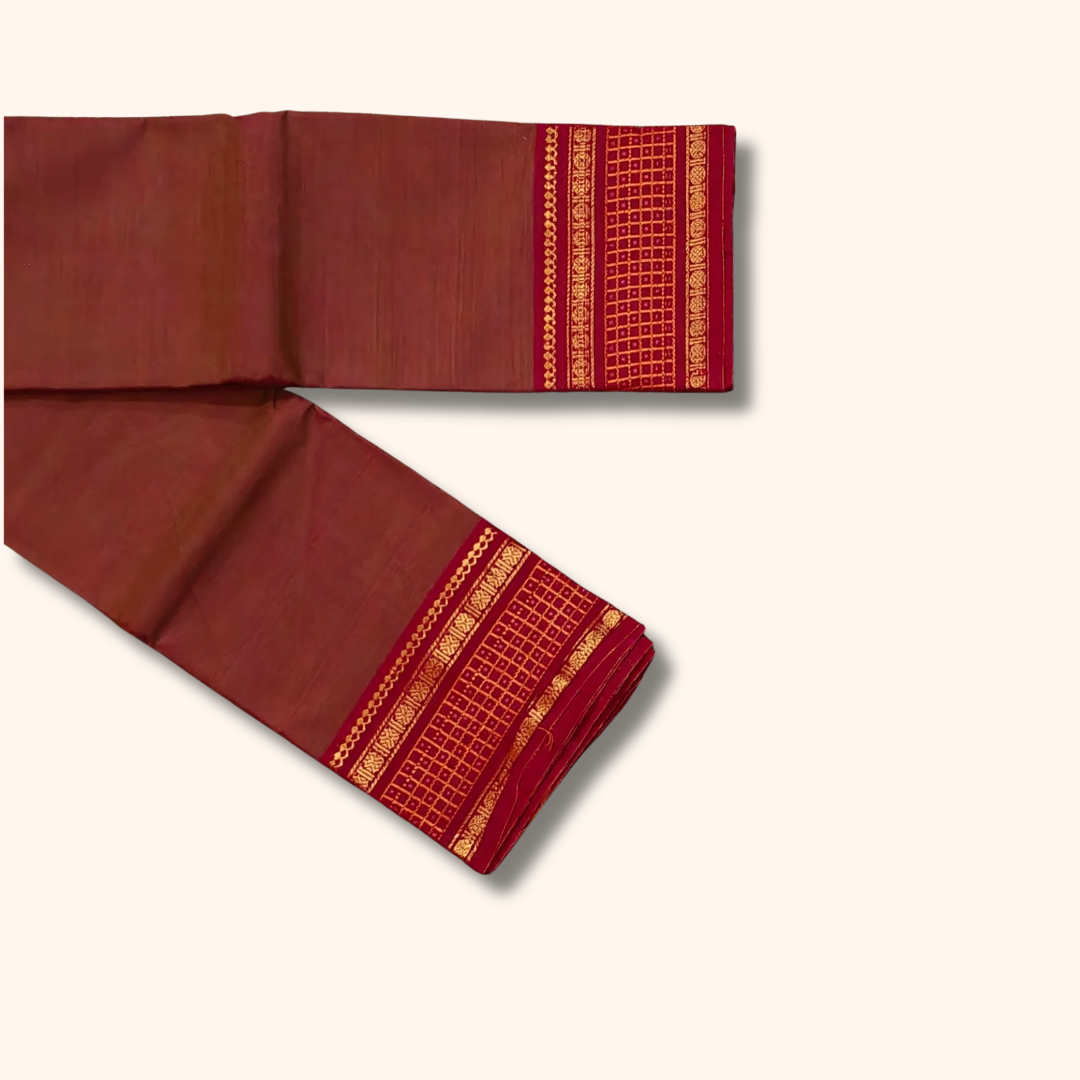 Rust Brown Chettinad Cotton Saree with Maroon Traditional Border