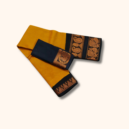 Mustard Yellow Cotton Saree with Black Gold Zari Peacock Border & Separate Blouse Piece