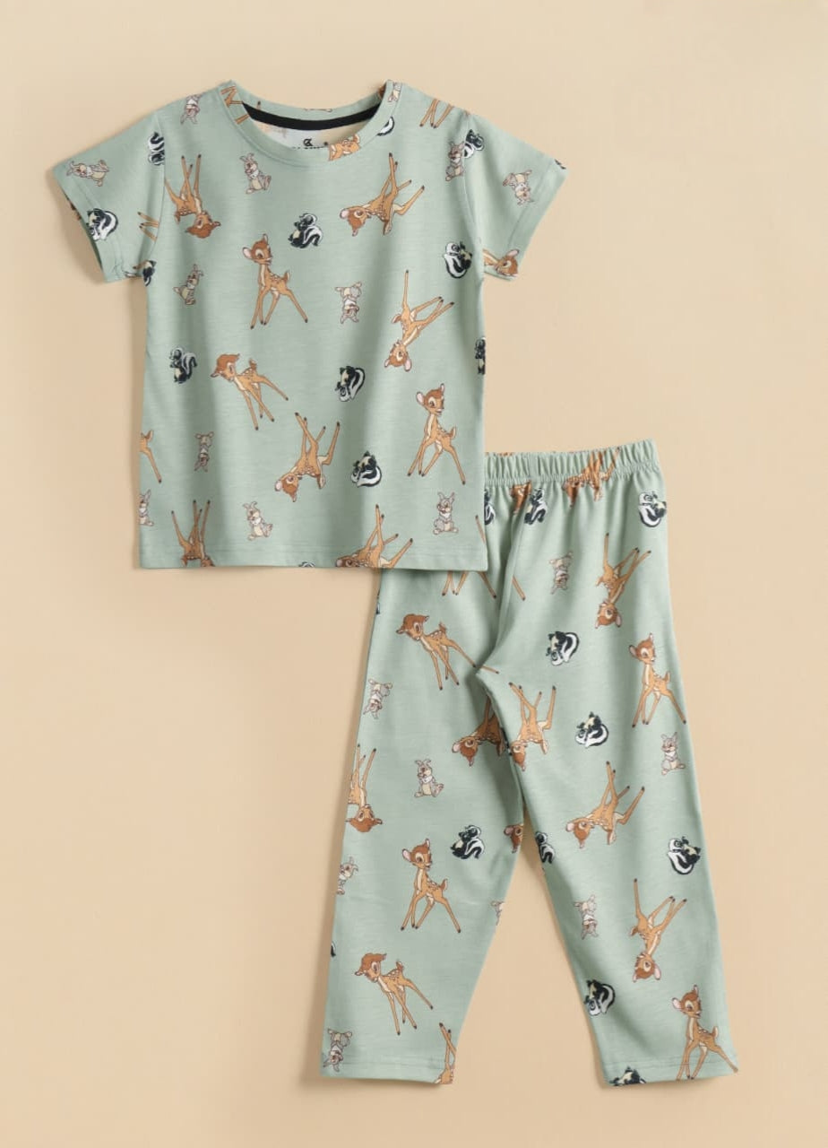 Kids Unisex Pure Cotton T-Shirt & Pant Set – Cute Deer Print Comfort Wear (Mint Green)